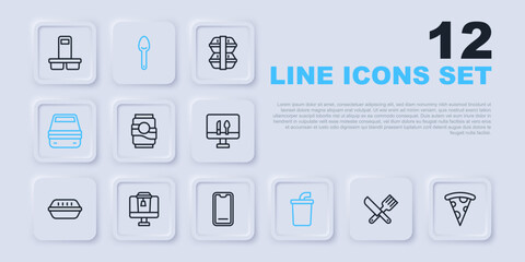 Set line Crossed knife and fork, Slice of pizza, Soda can, Paper glass with water, Lunch box, Online ordering food, Spoon and Food mobile icon. Vector