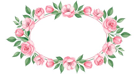 Fototapeta premium Oval floral frame with pink roses tulips and green leaves on a white background watercolor illustration