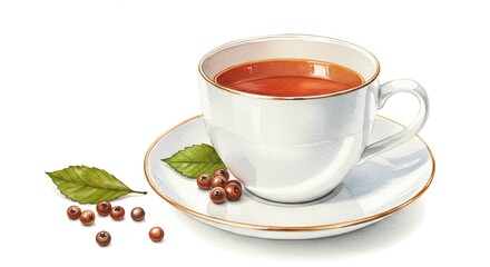 Fototapeta premium A cup of tea with berries and leaf on a saucer against a white background in a still life image