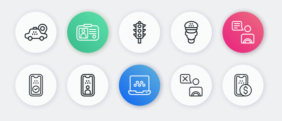 Set line Taxi mobile app, driver, Traffic light, Mobile banking and license icon. Vector