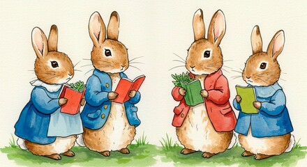 Four rabbits dressed in clothing reading books standing on grass in a cartoon illustration style