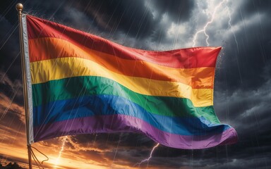 LGBT Pride rainbow flag shining brightly against a dark, stormy world, symbolizing hope versus resistance, dramatic lighting, high contrast