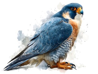 Obraz premium A majestic peregrine falcon with vibrant blue and orange feathers is perched gracefully against a watercolor background.
