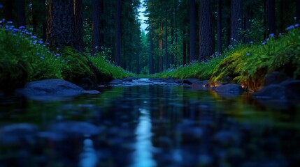 Tranquil Forest Stream at Twilight with Blooming Flowers and Lush Moss