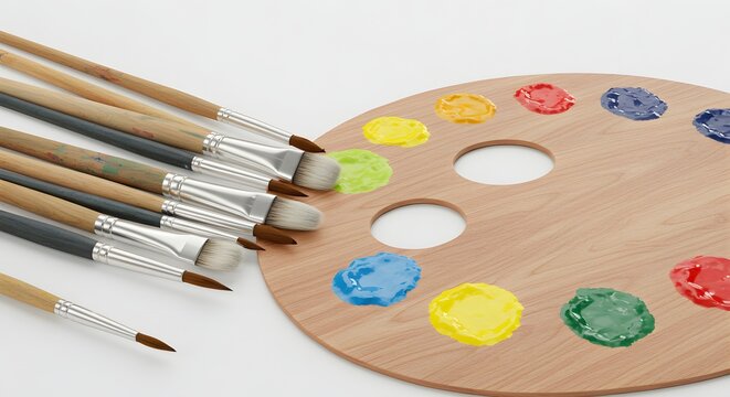 Paint brushes and a wooden palette with colorful paint, ready for artistic creation.