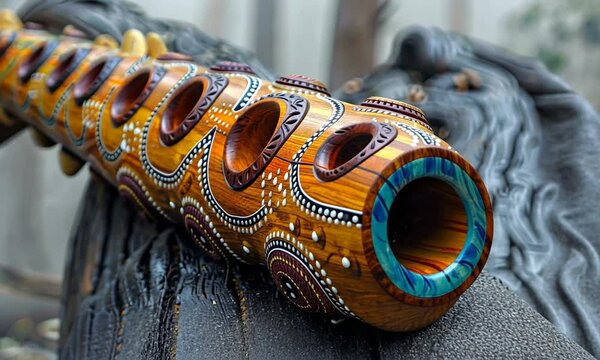 Close-up of a beautifully crafted wooden didgeridoo resting on a textured surface, showcasing intricate patterns and vibrant colors, with a blurred natural background suggesting an outdoor setting