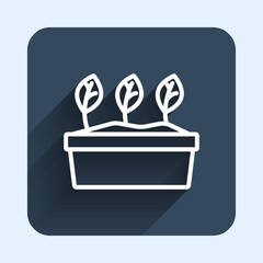 White line Plant in pot icon isolated with long shadow background. Plant growing in a pot. Potted plant sign. Blue square button. Vector