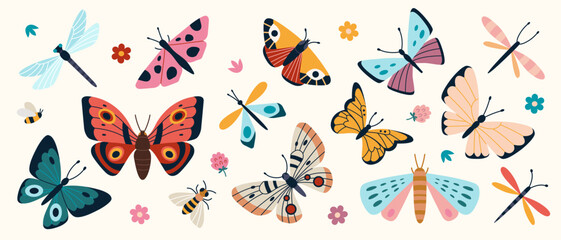 Colorful set of summer butterflies, dragonflies, bee and flowers. Trendy modern vector illustration isolated on white background, hand drawn, flat design