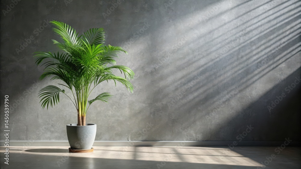 Aufkleber a potted palm tree stands in the corner of a room with a gray concrete wall and a wood floor, illumi