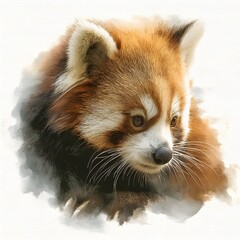 A charming red panda portrait showcases its unique markings and expressive eyes against a soft watercolor background.
