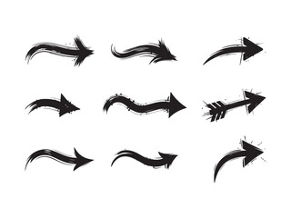 A collection of nine stylized, hand-painted arrows in black
