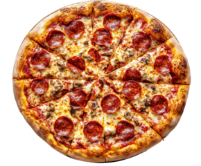 Delicious pepperoni pizza kitchen food bright lighting top-down angle isolated on transparent background