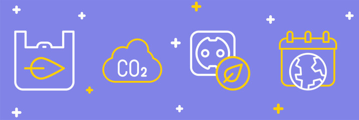 Set line World Earth day, Electrical outlet, CO2 emissions in cloud and Shopping bag with recycle icon. Vector