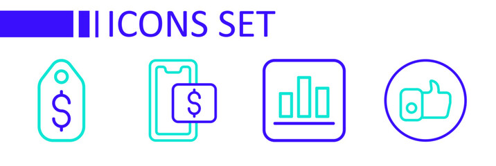 Set line Hand like, Pie chart infographic, Mobile shopping and Price tag with dollar icon. Vector