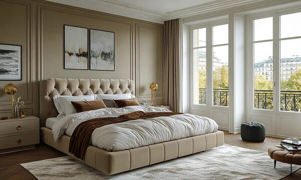 Elegant modern bedroom featuring a plush bed, stylish decor, and large windows with a view