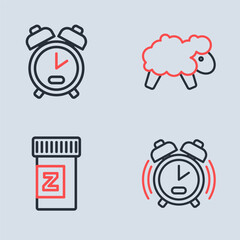 Set line Sheep, Sleeping pill, Alarm clock and icon. Vector