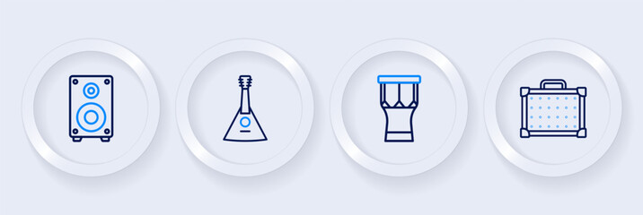 Set line Guitar amplifier, African percussion drum, Balalaika and Stereo speaker icon. Vector