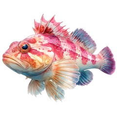 Fototapeta premium A vibrant illustration depicts a detailed rockfish swimming gracefully against a stark white background showcasing its intricate scales and fins.
