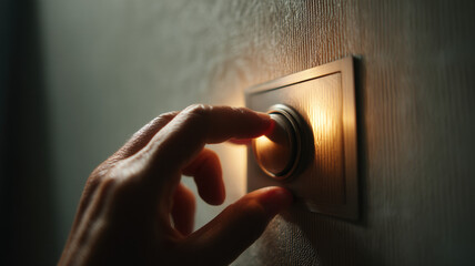 Fingers on Light Switch, Warm Lighting Concept — a detailed and modern 3D-style concept ideal for tech visuals, infographics, marketing materials, and futuristic digital presentations.