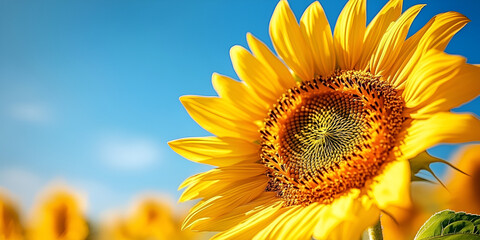 Naklejka premium Vibrant Sunflower Field Under Clear Blue Sky, Close-up of Sunflower in Bright Sunlight, Sunflowers Blooming in Summer Field