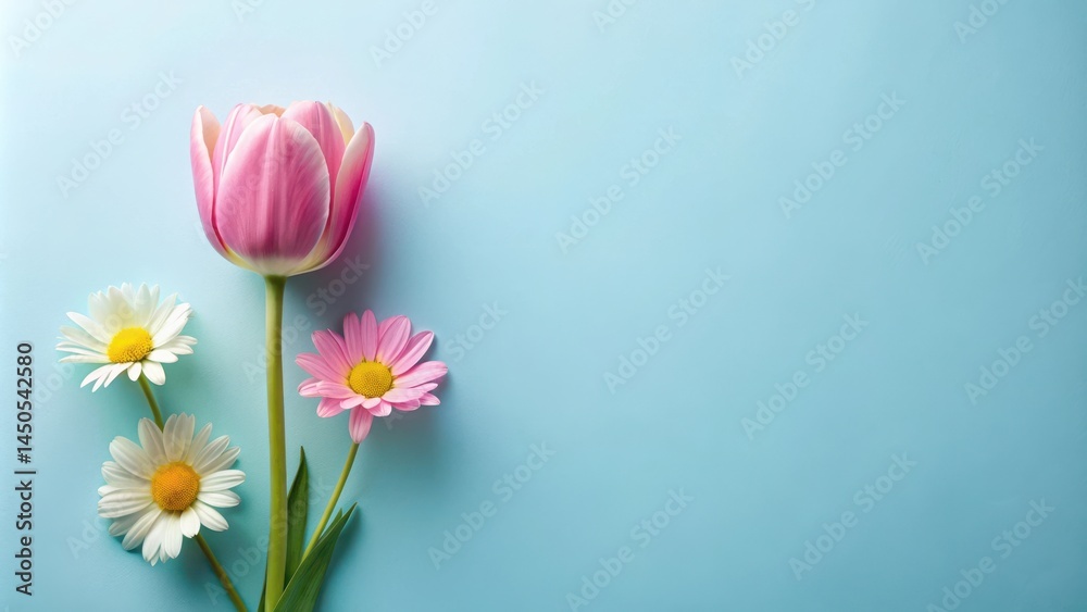 Poster a single pink tulip and two delicate daisies arranged on a light blue background with ample copy spa