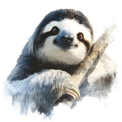 Fototapeta premium A charming three-toed sloth clings happily to a tree branch in a painted digital illustration against a white background.