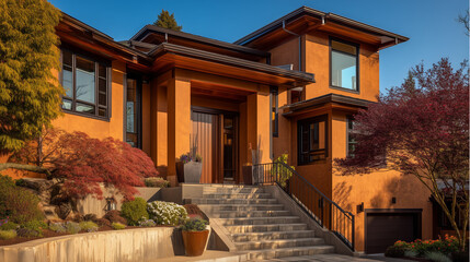 Elegant house entrance with clean lines, blending modern design and serene outdoor beauty.