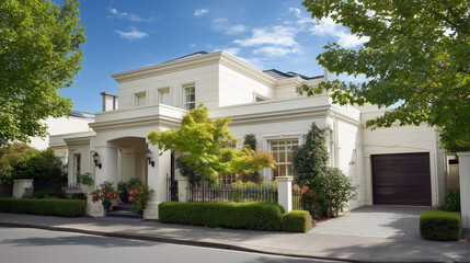 Fototapeta premium Elegant house entrance with clean lines, blending modern design and serene outdoor beauty.
