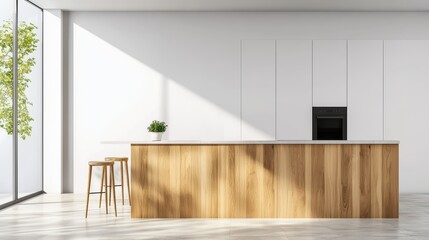 Modern kitchen interior with light wood elements and large windows for bright and spacious feel