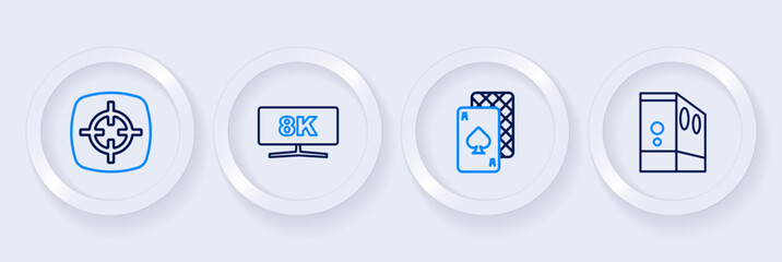 Set line Case of computer, Playing cards, Computer monitor and Target sport icon. Vector