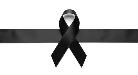 Black ribbon symbol of grief on plain background