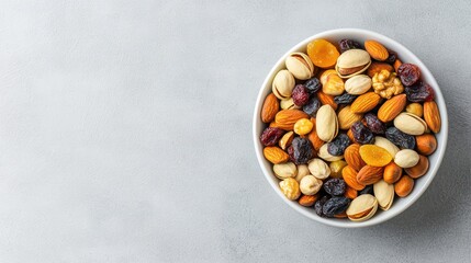 A beautiful bowl of mixed nuts and dried fruits on a light gray background for healthy snacking