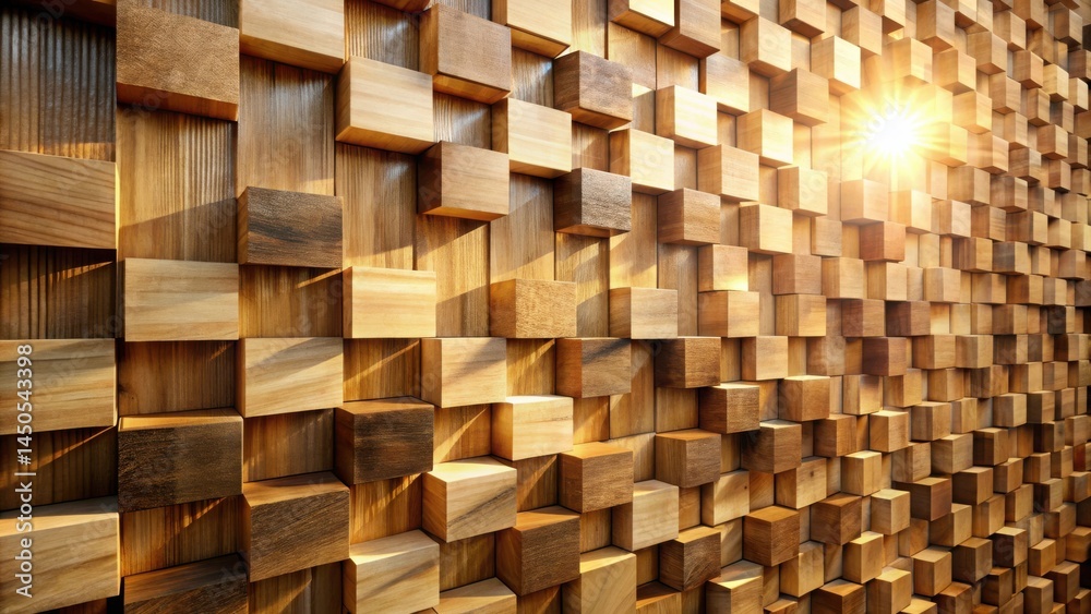 Poster a wall composed of stacked wooden blocks, illuminated by sunlight streaming through the gaps, creati