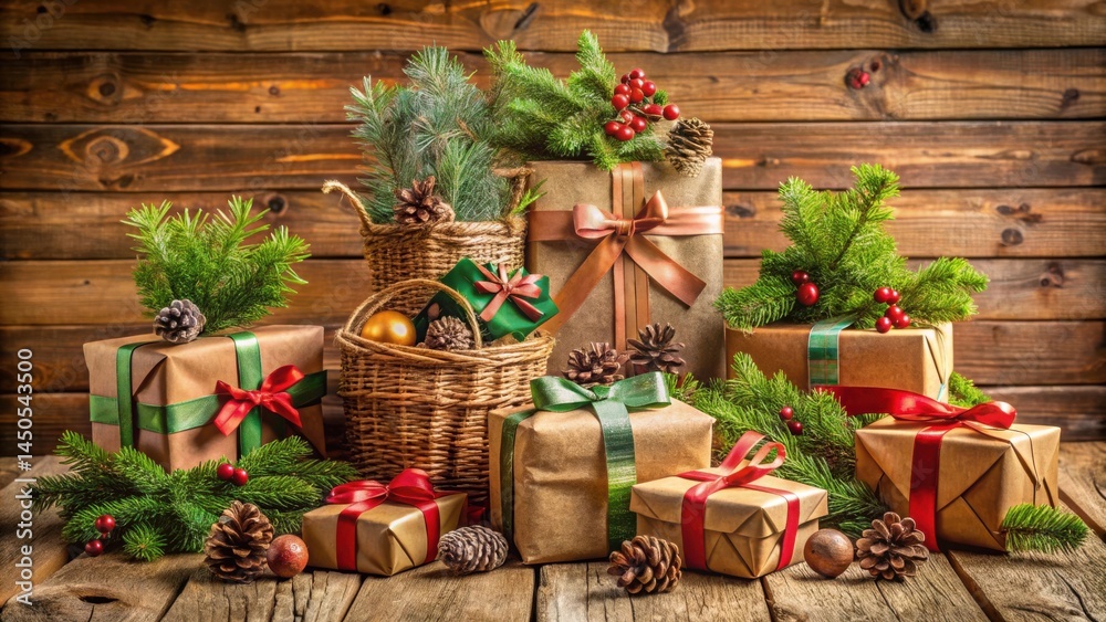 Poster A rustic Christmas setting with presents adorned in elegant ribbons and bows, surrounded by sprigs of evergreen and pinecones, creating a heartwarming and festive atmosphere.