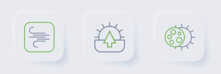 Set line Eclipse of the sun, Sunrise and Wind icon. Vector