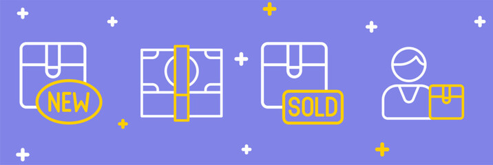 Set line Buyer, Sold, Stacks paper money cash and New collection icon. Vector