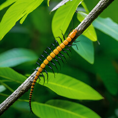 Long centipede on a tree branch. Wild insect in the jungle.