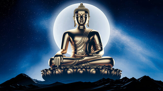 Happy Vesak Day, Buddha Purnima wishes greetings with buddha and lotus Buddha statue, golden, lotus position, full moon background, mountain landscape, night sky, ethereal glow, spiritual, mystical 