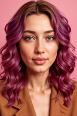 Fototapeta premium Portrait of a woman with purple hair smiling against a pink background 