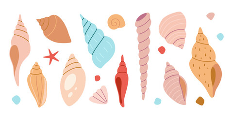 Set of spiral cone shaped seashells. Marine collection for beach themes and nautical decor. Trendy modern isolated vector illustration, hand drawn, flat design