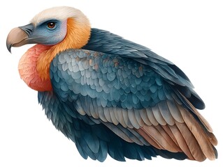 Fototapeta premium A detailed illustration of a majestic Lappet-faced Vulture bird with vibrant plumage against a stark white background.
