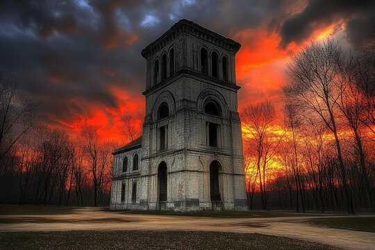 Ruined church tower at sunset, dramatic sky.  Gray stone structure, dark clouds, vibrant colors,  and bare trees
