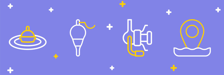 Set line Location fishing, Spinning reel for, Fishing float and water icon. Vector
