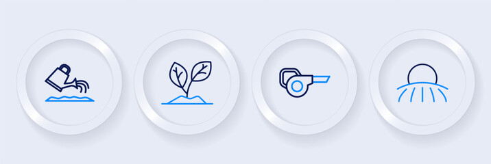 Set line Sunrise, Leaf garden blower, Sprout and Watering can icon. Vector