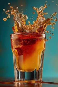 Jager Bomb Explosion Captured Midair with Splashing Golden Liquid and Dramatic Lighting