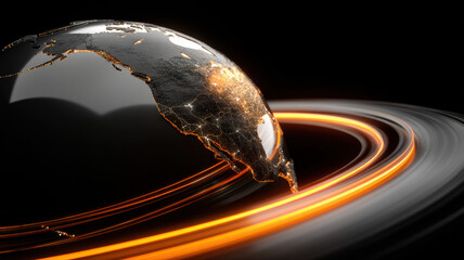 Futuristic Earth with Golden Orbit, Technology Theme — a detailed and modern 3D-style concept ideal for tech visuals, infographics, marketing materials, and futuristic digital presentations.