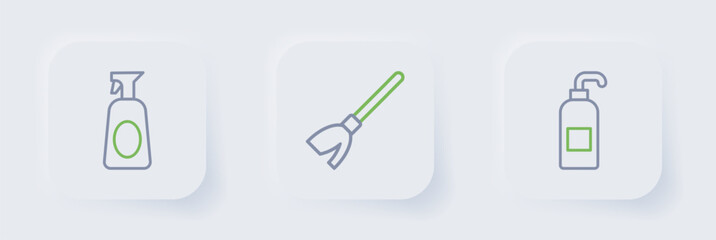 Set line Antibacterial soap, Handle broom and Cleaning spray with detergent icon. Vector