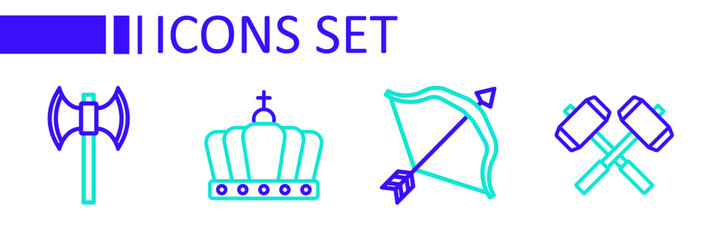 Set line Crossed battle hammers, Medieval bow and arrow, King crown and poleaxe icon. Vector