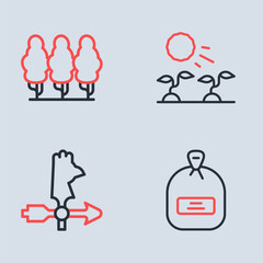 Set line Plant sprouts grow in the sun, Rooster weather vane, Pack full of seeds and Fruit trees icon. Vector