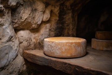 Aged Gouda Wheel Resting in Rustic Stone Cellar with Floating Dust Particles